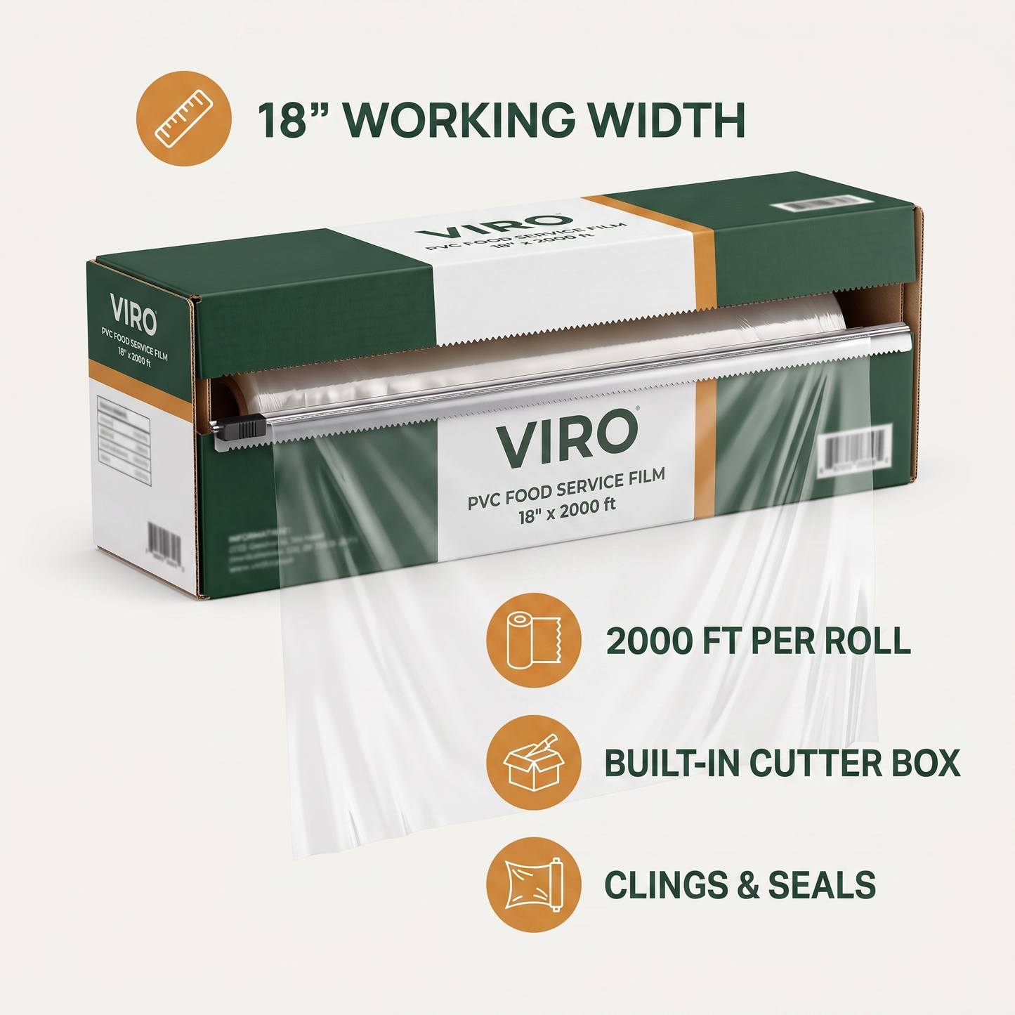 Viro PVC film features: 18 inch working width, 2000 ft per roll, built-in cutter box, clings and seals