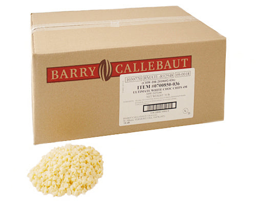 PURE WHITE ULTIMATE CHOCOLATE CHIPS 4000CT - BARRY CALLEBAUT - 30lbs 13.608kg
