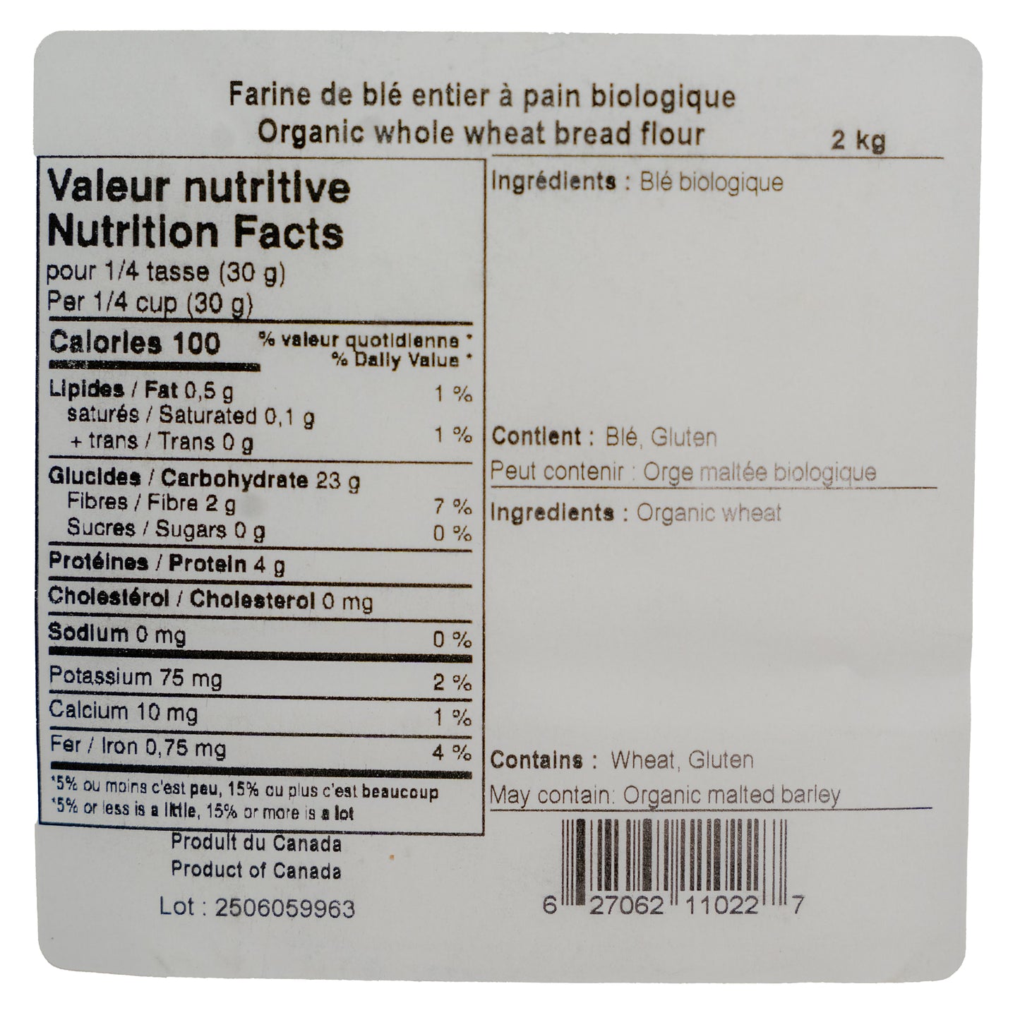 ORGANIC WHOLE WHEAT BREAD FLOUR - MILANAISE 2KG