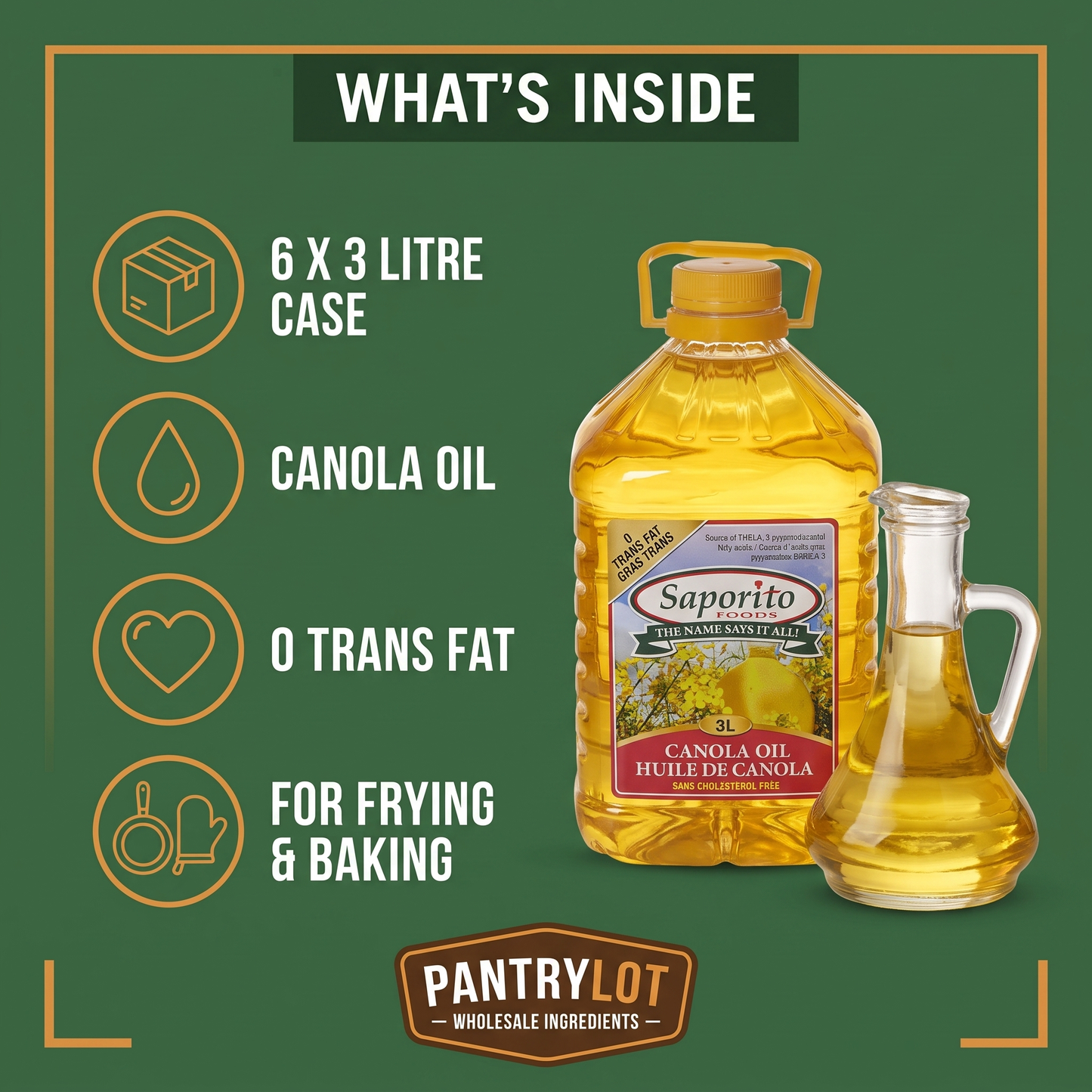 REFINED, BLEACHED AND DEODORIZED CANOLA OIL WITHOUT ADDITIVES 6 x 3 litres — in-the-box features card