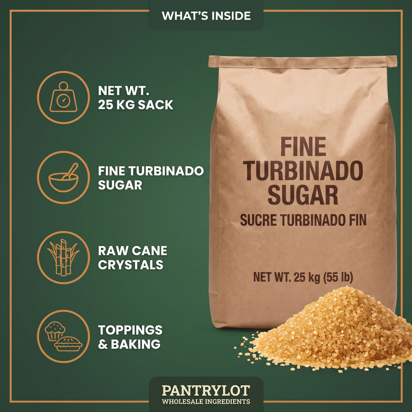 FINE TURBINADO SUGAR - 25 kg — in-the-box features card