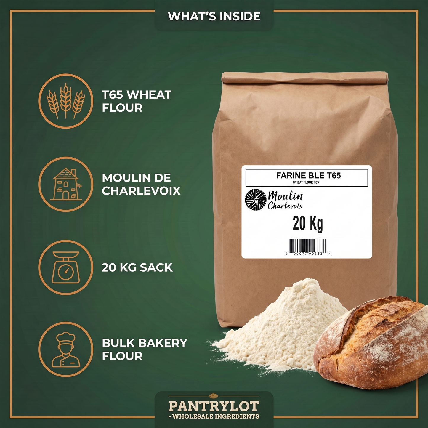 T65 WHEAT FLOUR - MOULIN DE CHARLEVOIX - 20 kg — in-the-box features card