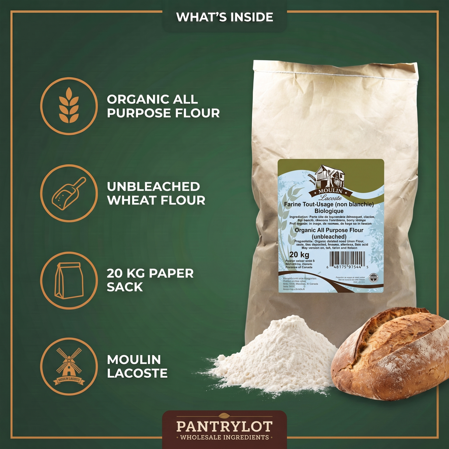 ORGANIC ALL-PURPOSE UNBLEACHED FLOUR - MOULIN LACOSTE - 20kg — in-the-box features card
