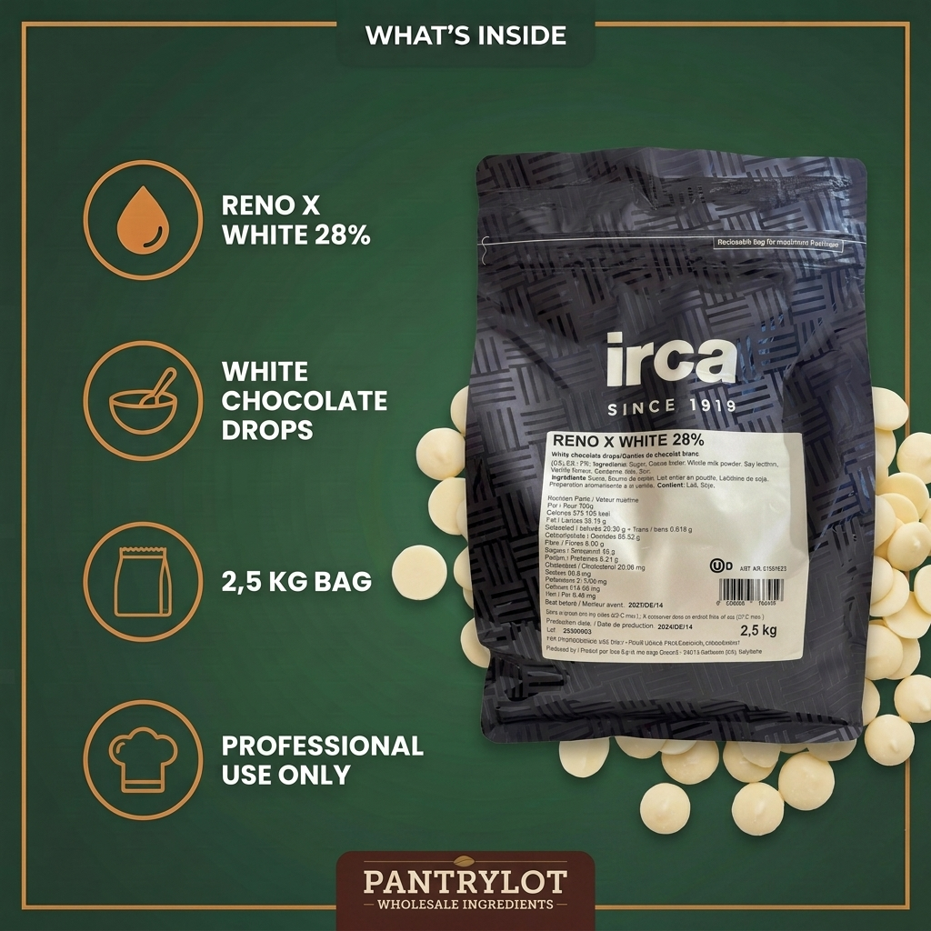 WHITE CHOCOLATE 28% DROPS COUVERTURE RENO X IRCA - 2.5 kg — in-the-box features card