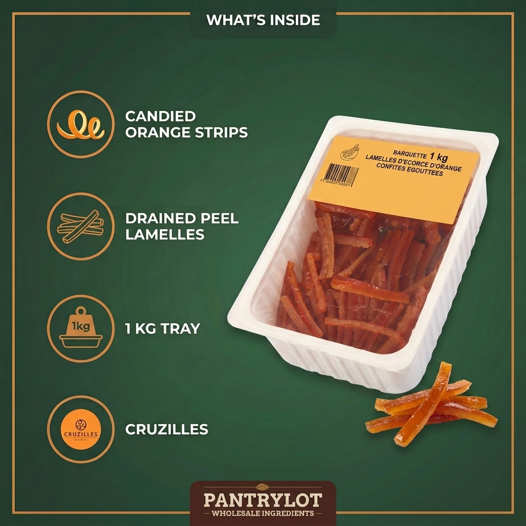 LAMELLE CANDIED ORANGE STRIPS - CRUZILLES -1 kg — in-the-box features card