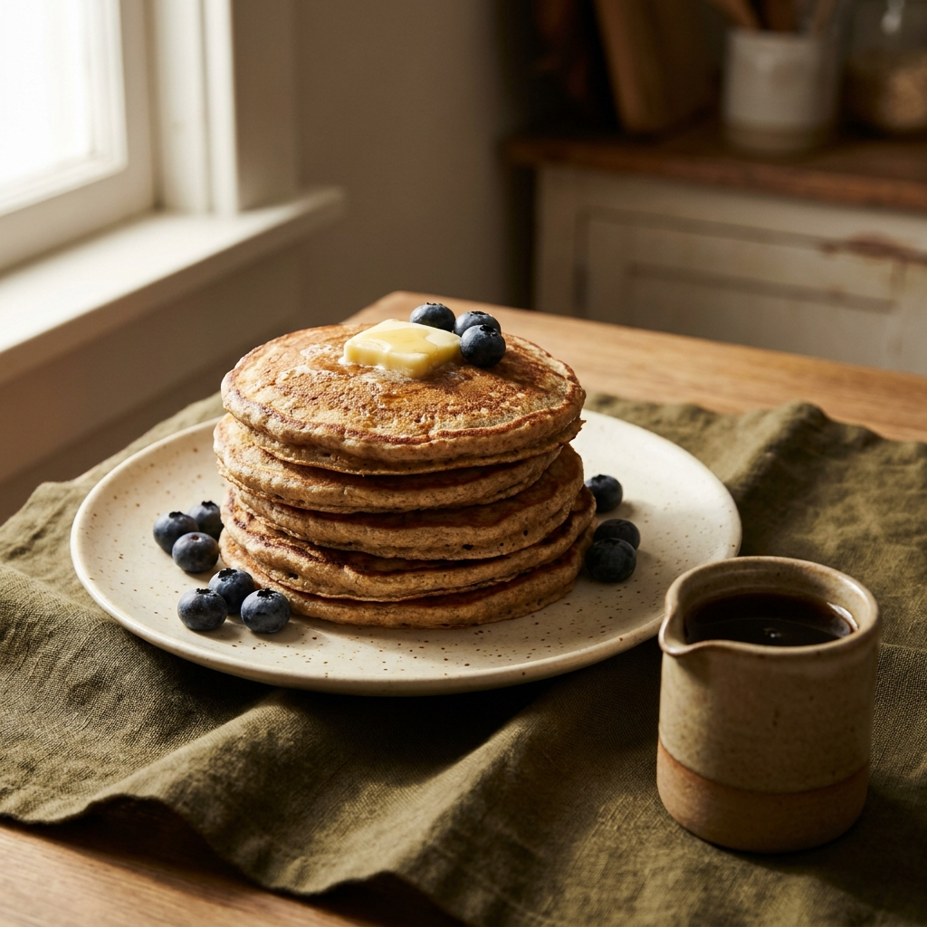 Stack of gluten-free buckwheat pancakes with butter, blueberries and a jug of maple syrup