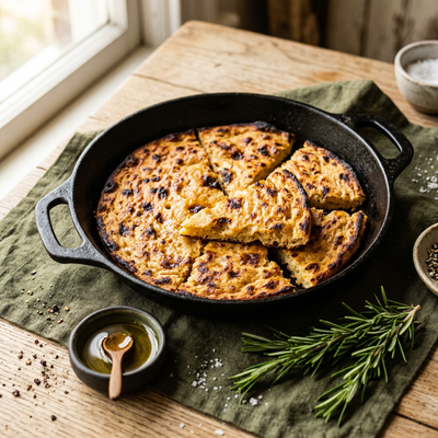 Golden blistered chickpea flour socca flatbread in a cast iron pan with rosemary