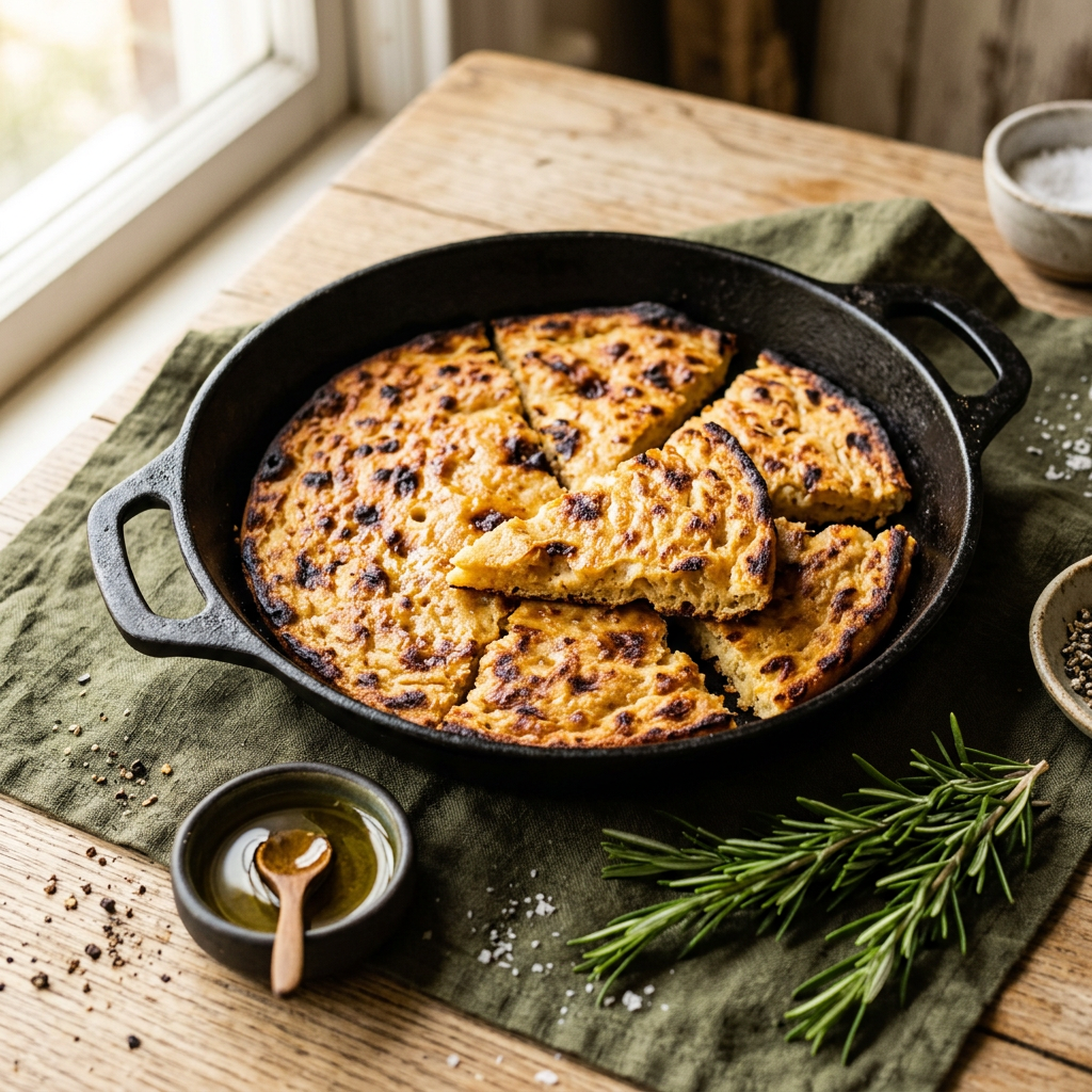 Golden blistered chickpea flour socca flatbread in a cast iron pan with rosemary