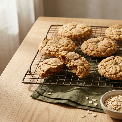 Chewy gluten-free oat and millet cookies cooling on a wire rack