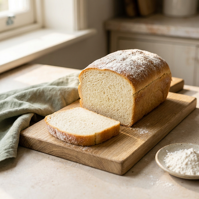 Sliced gluten-free sandwich loaf on a wooden board showing a soft even crumb