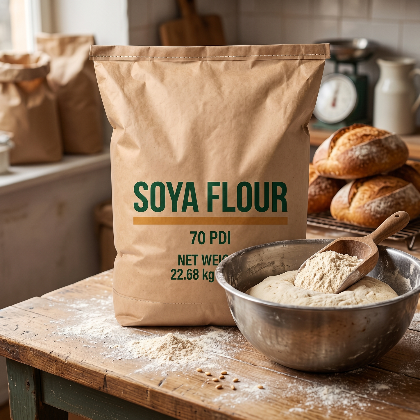 Soya flour in use in a bakery kitchen