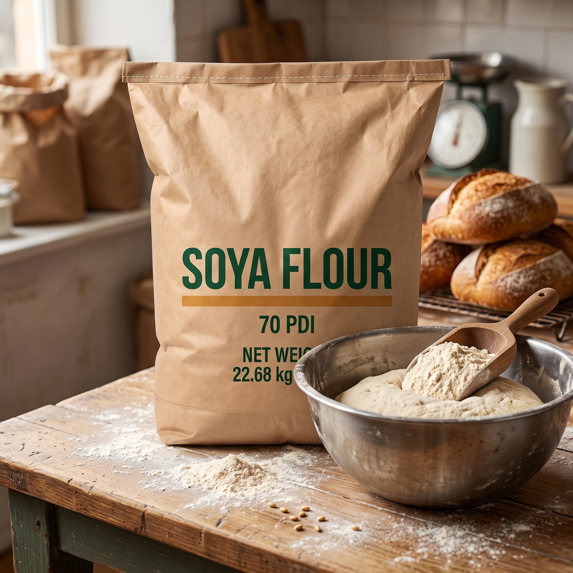 Soya flour in use in a bakery kitchen