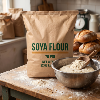 Soya flour in use in a bakery kitchen