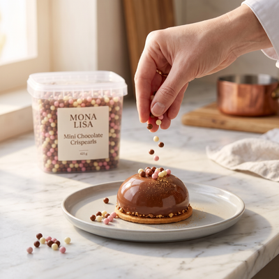 Chocolate crispearls decorating a dessert