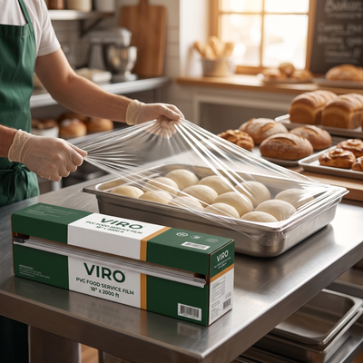 Viro PVC food service film in use wrapping food in a commercial kitchen