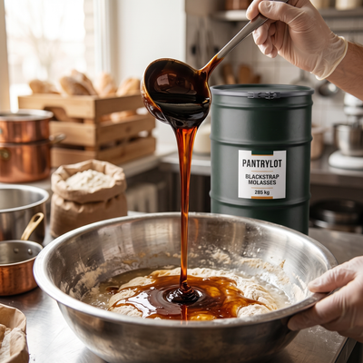 Blackstrap molasses in use in a kitchen