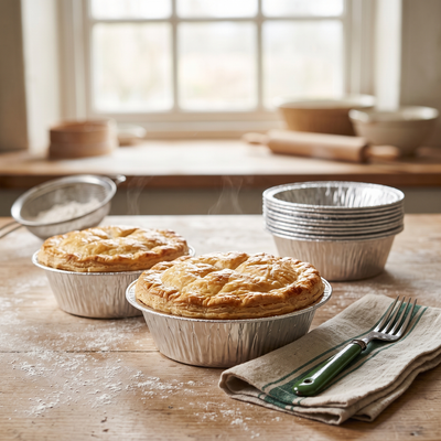 Aluminium pot pie tins in use in a kitchen