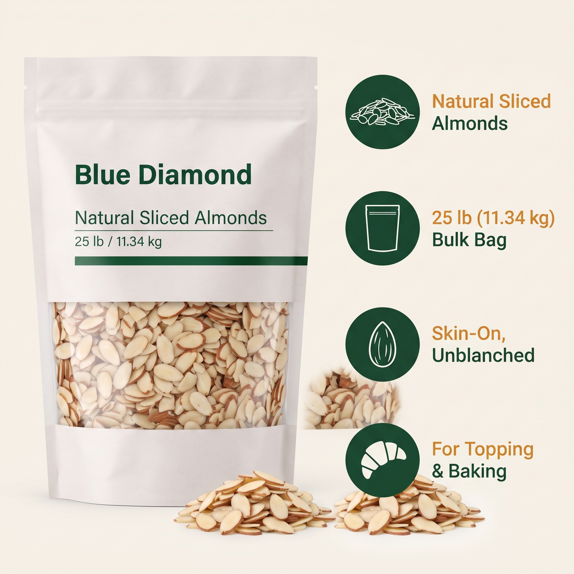 Features: natural sliced almonds, 25 lb bulk bag, skin-on unblanched, for topping and baking