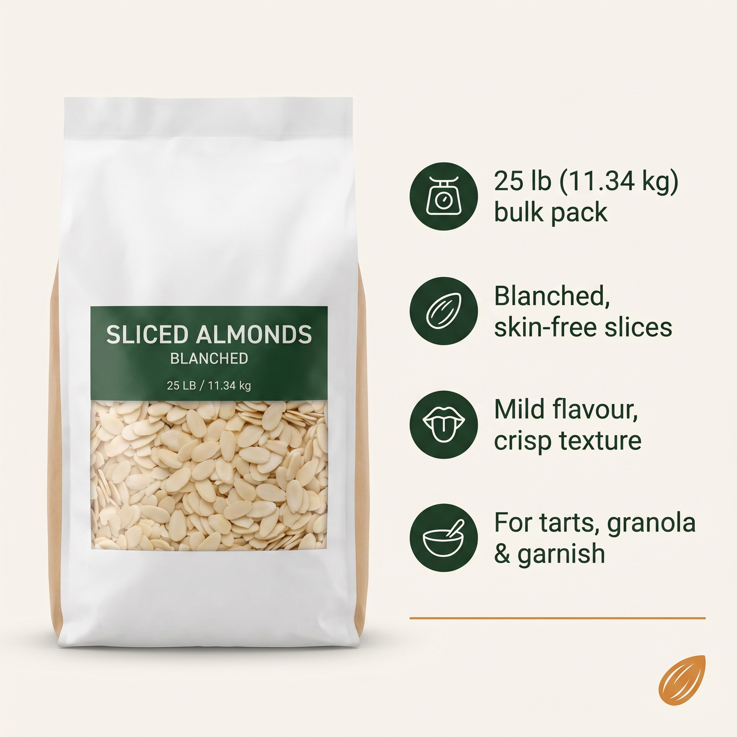 BLANCHED REGULAR SLICED  ALMONDS - BLUE DIAMOND 25 lbs - 11.34 kg