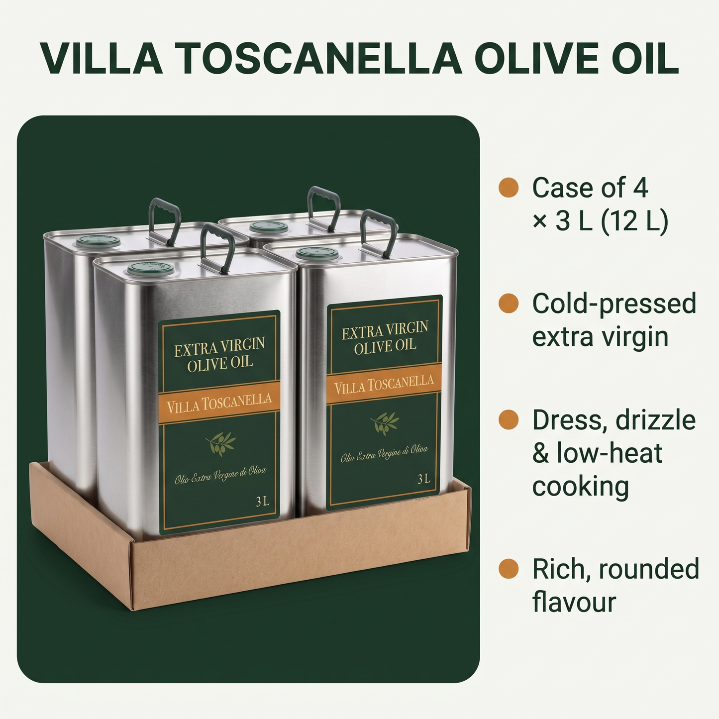 Villa Toscanella olive oil features: case of 4 x 3 L, cold-pressed extra virgin