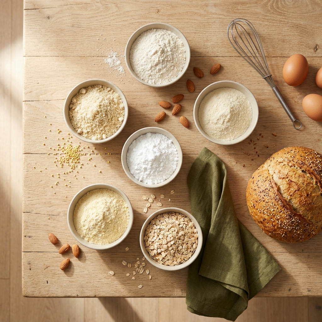 Gluten-free baking ingredients: bowls of rice flour, almond flour, tapioca starch, millet flour and oats beside a fresh gluten-free loaf