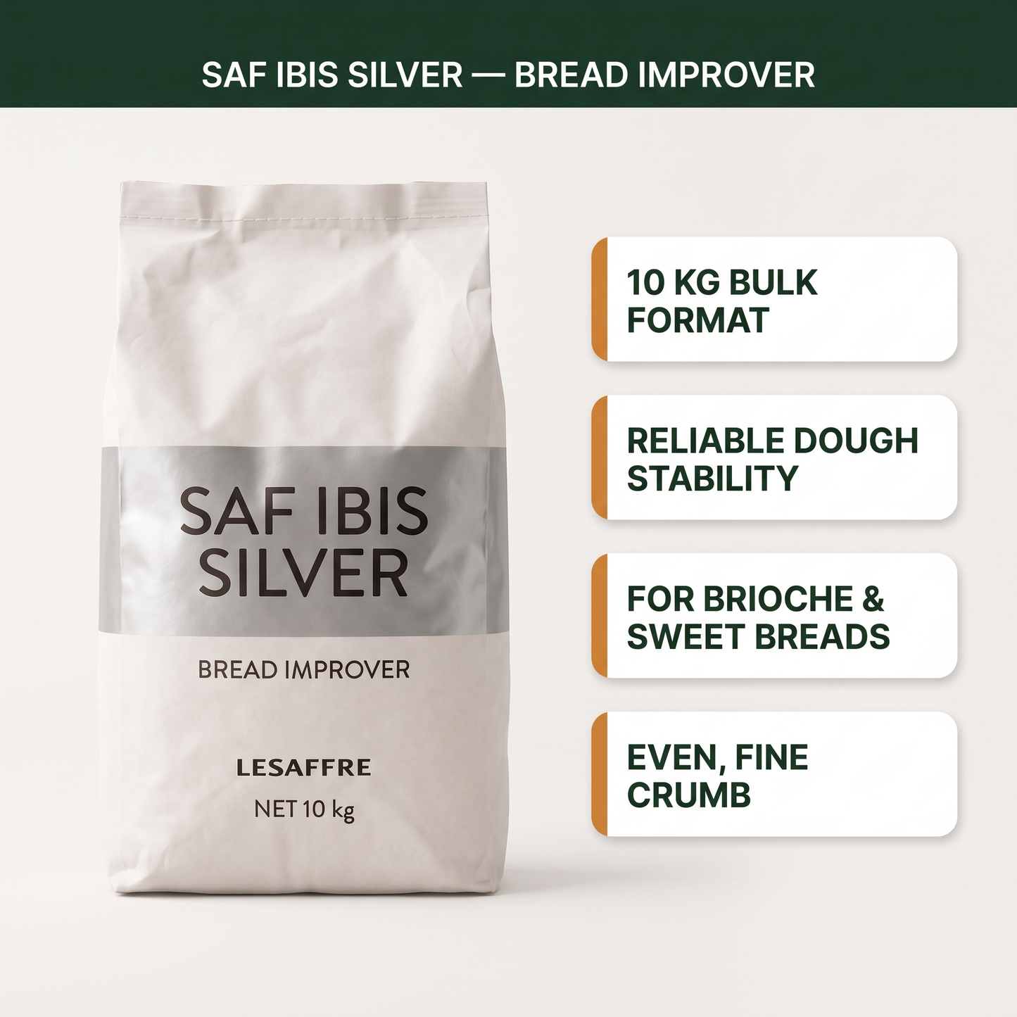 SAF IBIS SILVER 10 kg key features: bulk format, reliable dough stability, for brioche and sweet breads, even fine crumb
