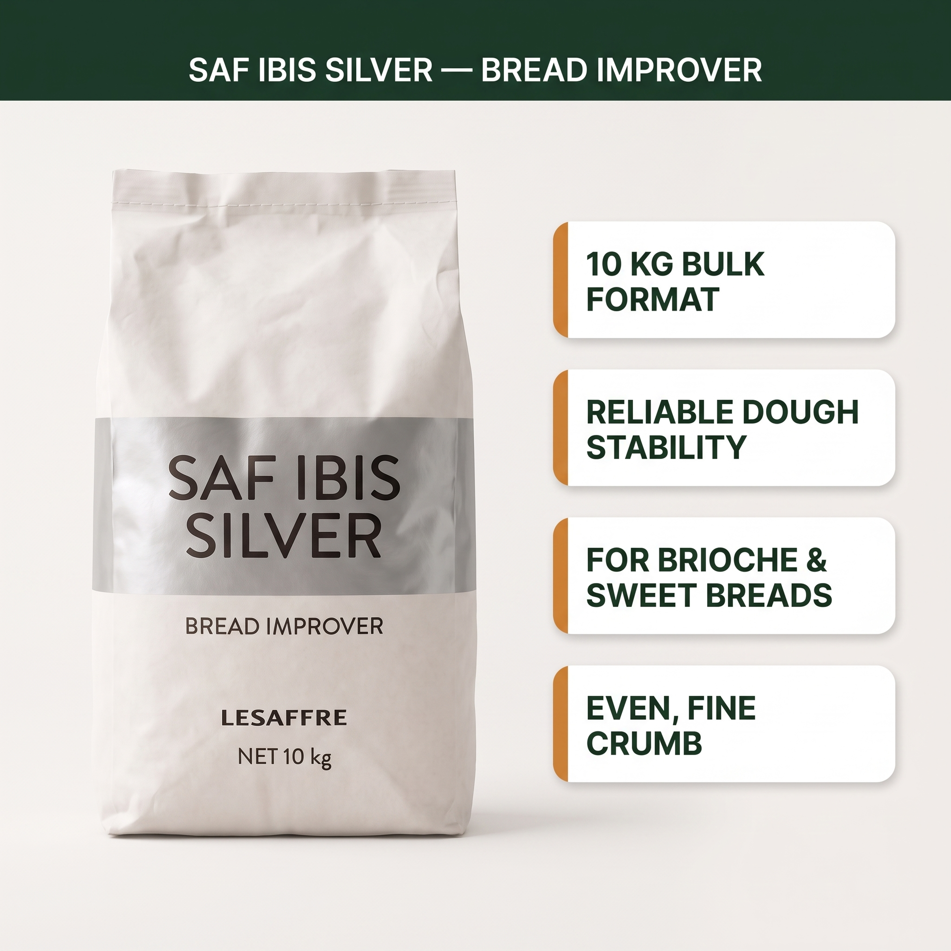 SAF IBIS SILVER 10 kg key features: bulk format, reliable dough stability, for brioche and sweet breads, even fine crumb