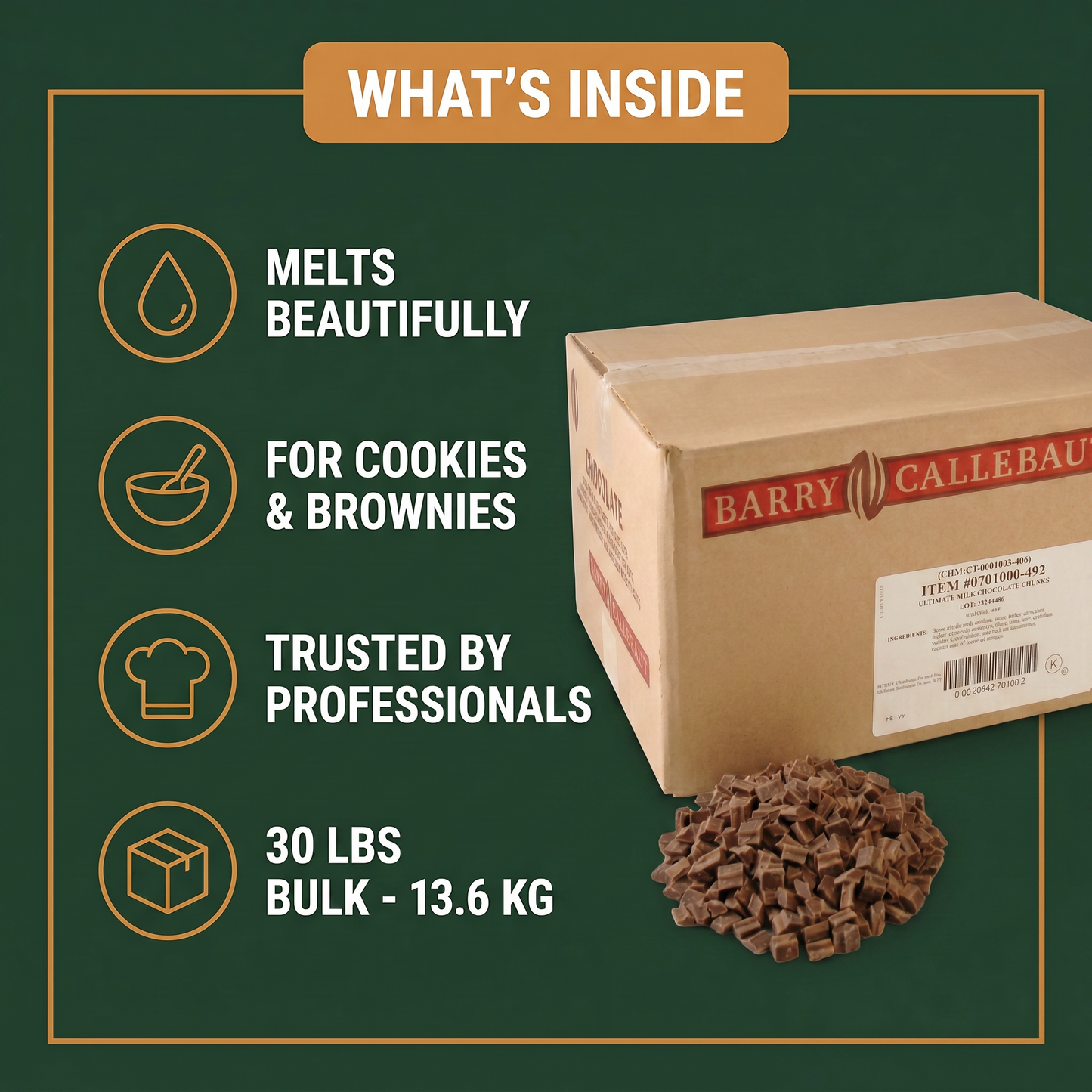 Barry Callebaut Pure Milk Chocolate Chunks 600CT — in-the-box features card