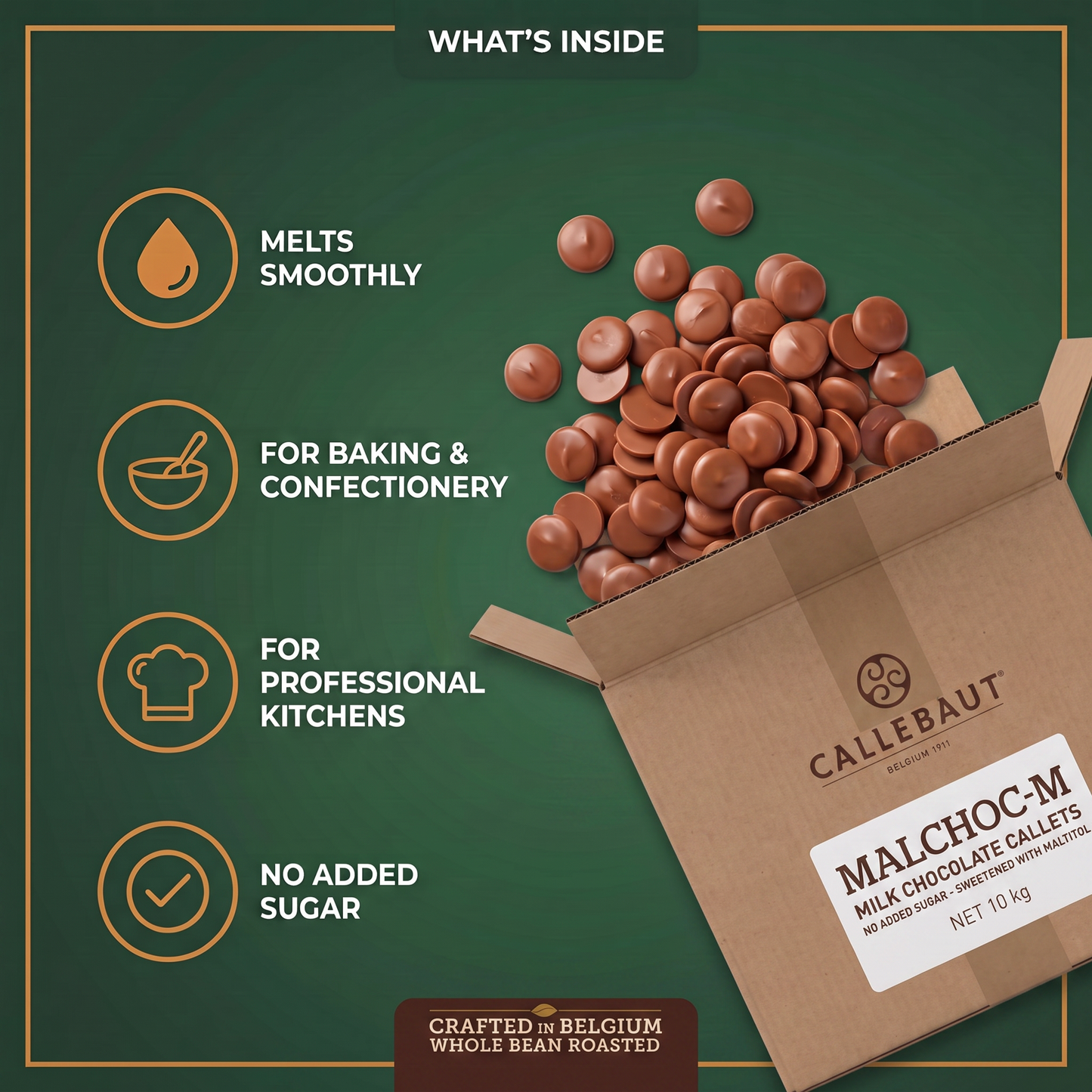 Callebaut Malchoc Milk Chocolate No Added Sugar Callets — in-the-box features card
