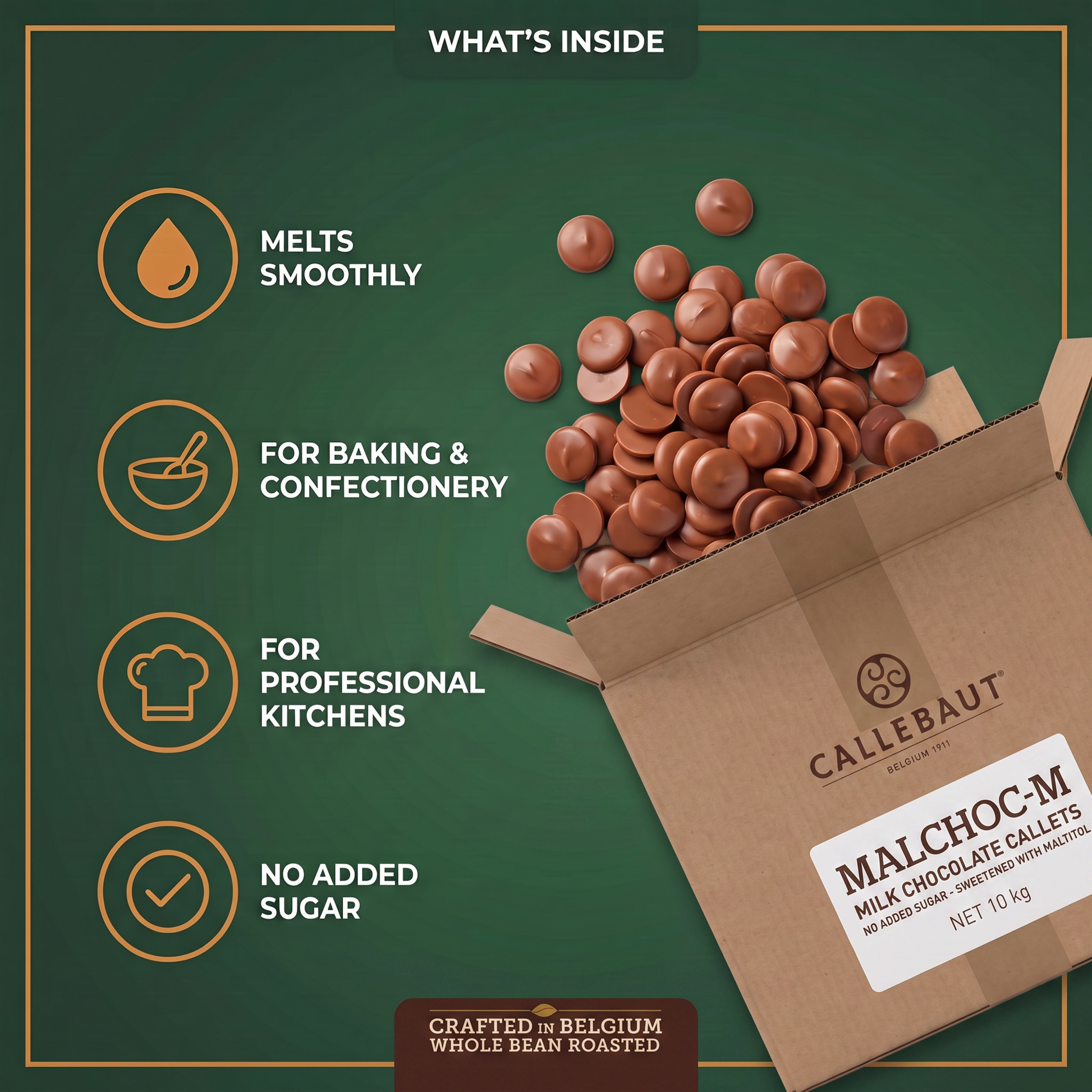 Callebaut Malchoc Milk Chocolate No Added Sugar Callets — in-the-box features card