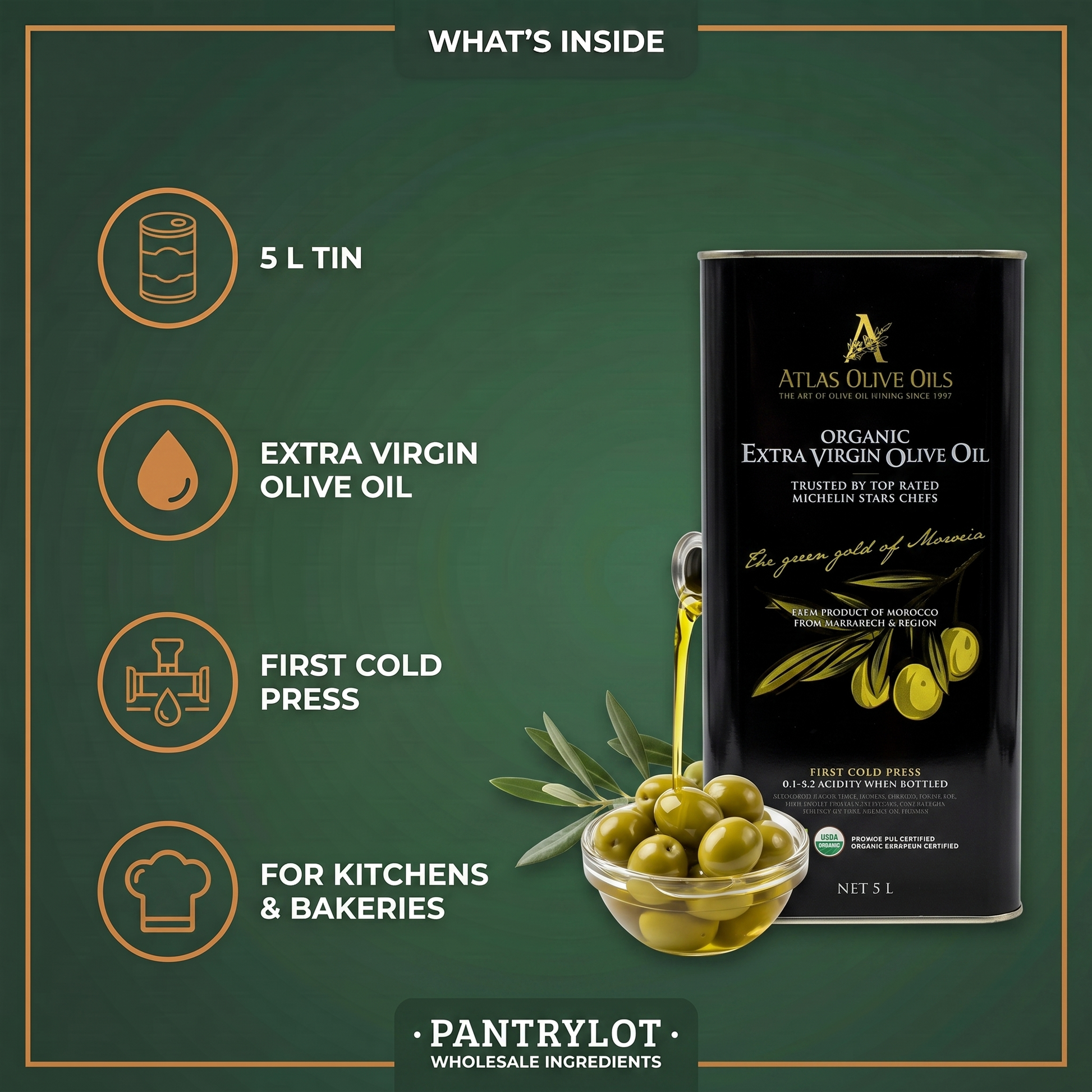 EXTRA VIRGIN OLIVE ORGANIC OIL 5 liters — in-the-box features card