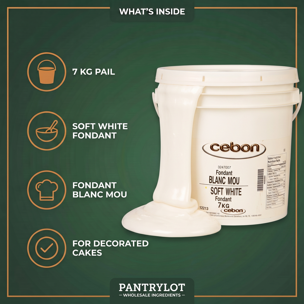 SOFT WHITE FONDANT IN PAIL - CEBON 7 kg — in-the-box features card