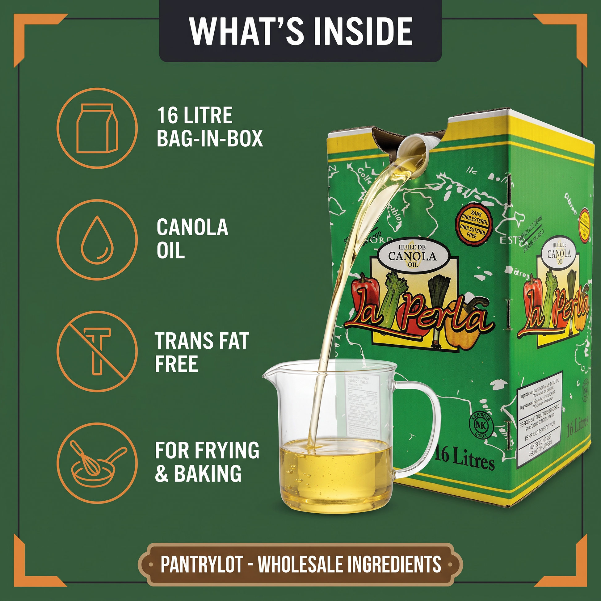 LA PERLA CANOLA OIL 16 liter — in-the-box features card