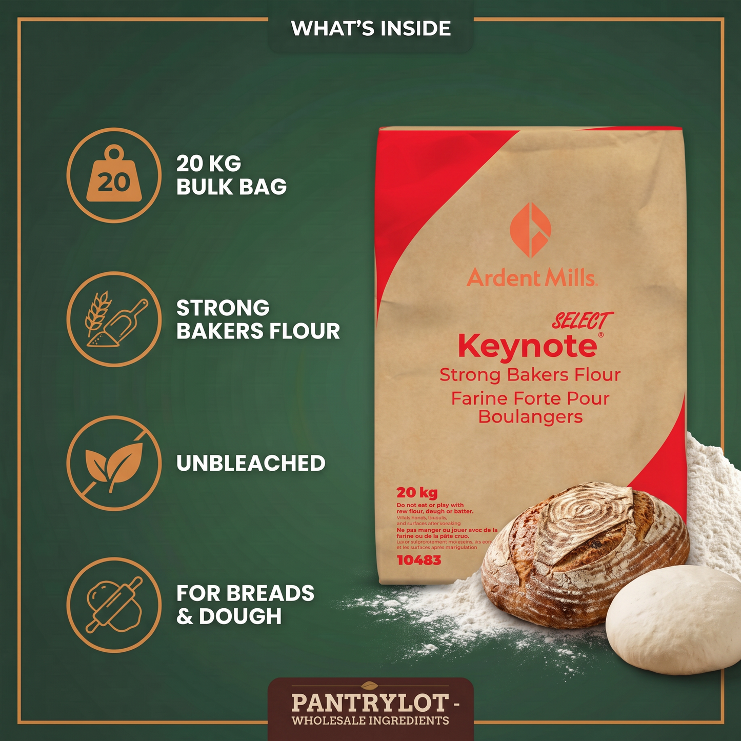 KEYNOTE STRONG BAKER'S FLOUR UNBLEACHED - ROBIN HOOD - 20kg — in-the-box features card