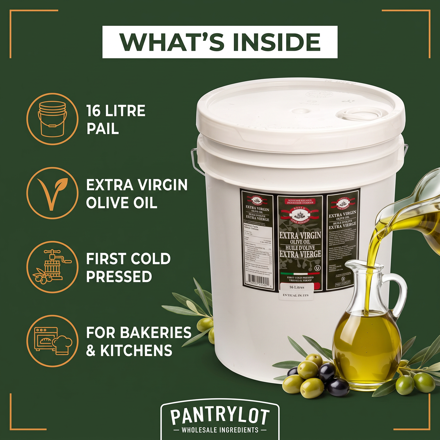 EXTRA VIRGIN OLIVE OIL 16 litres — in-the-box features card
