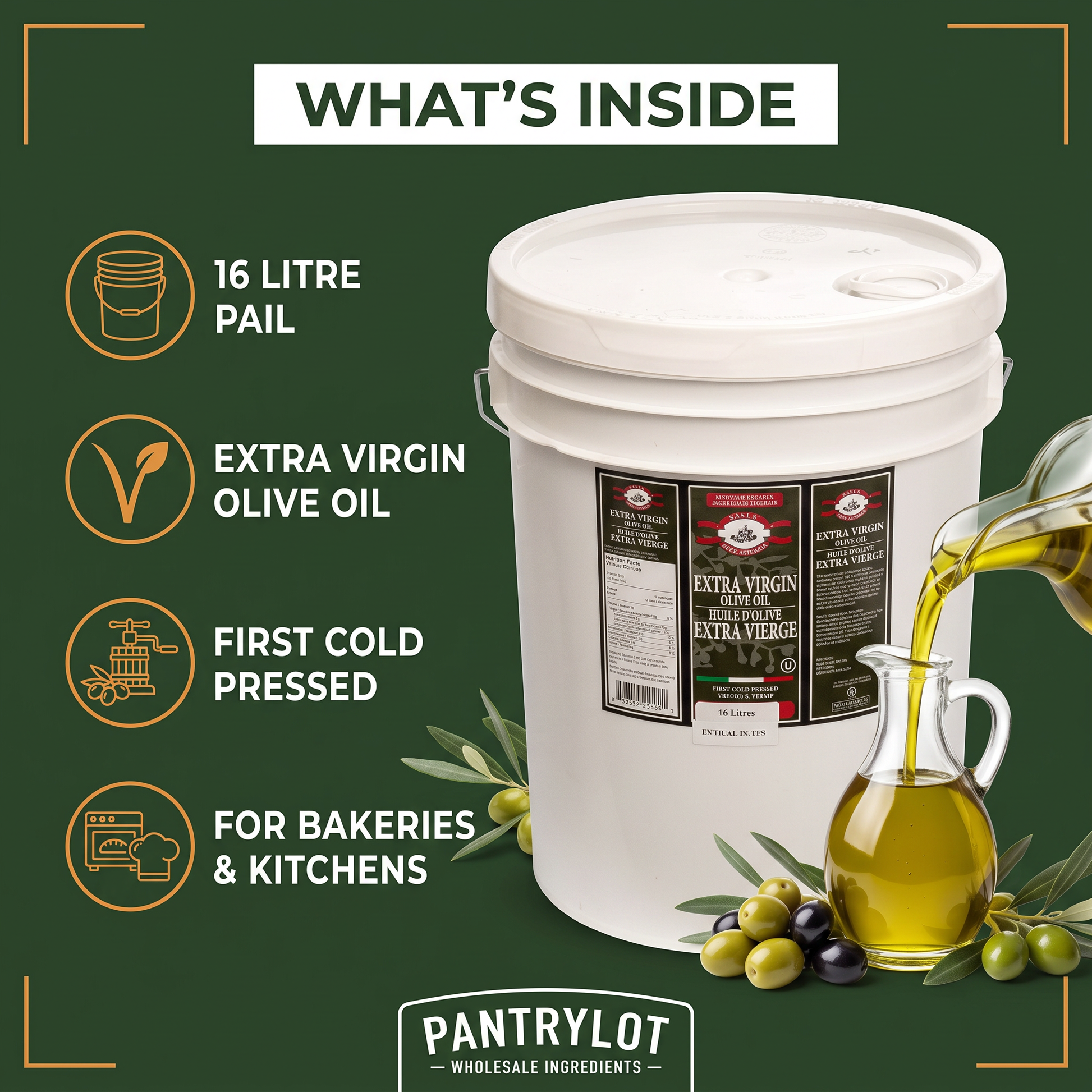 EXTRA VIRGIN OLIVE OIL 16 litres — in-the-box features card