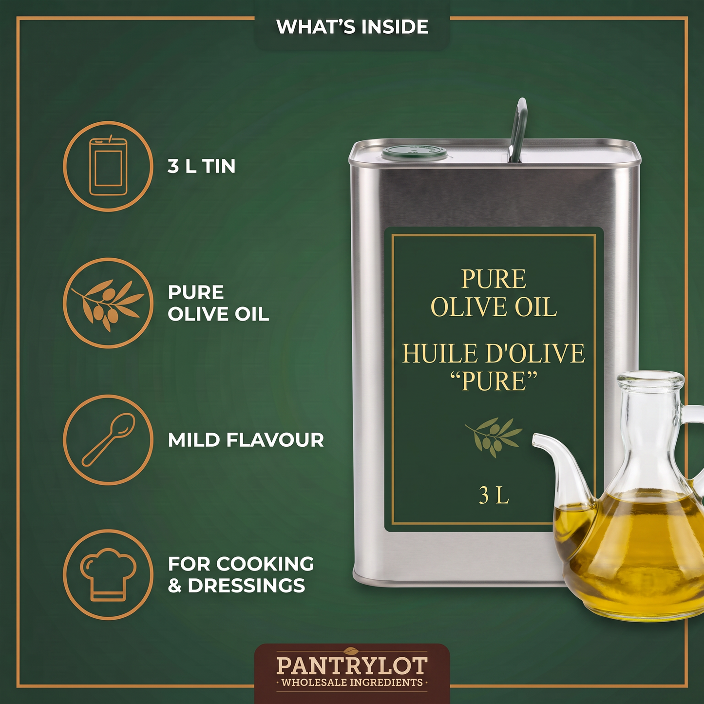 PURE OLIVE OIL 3 litres — in-the-box features card