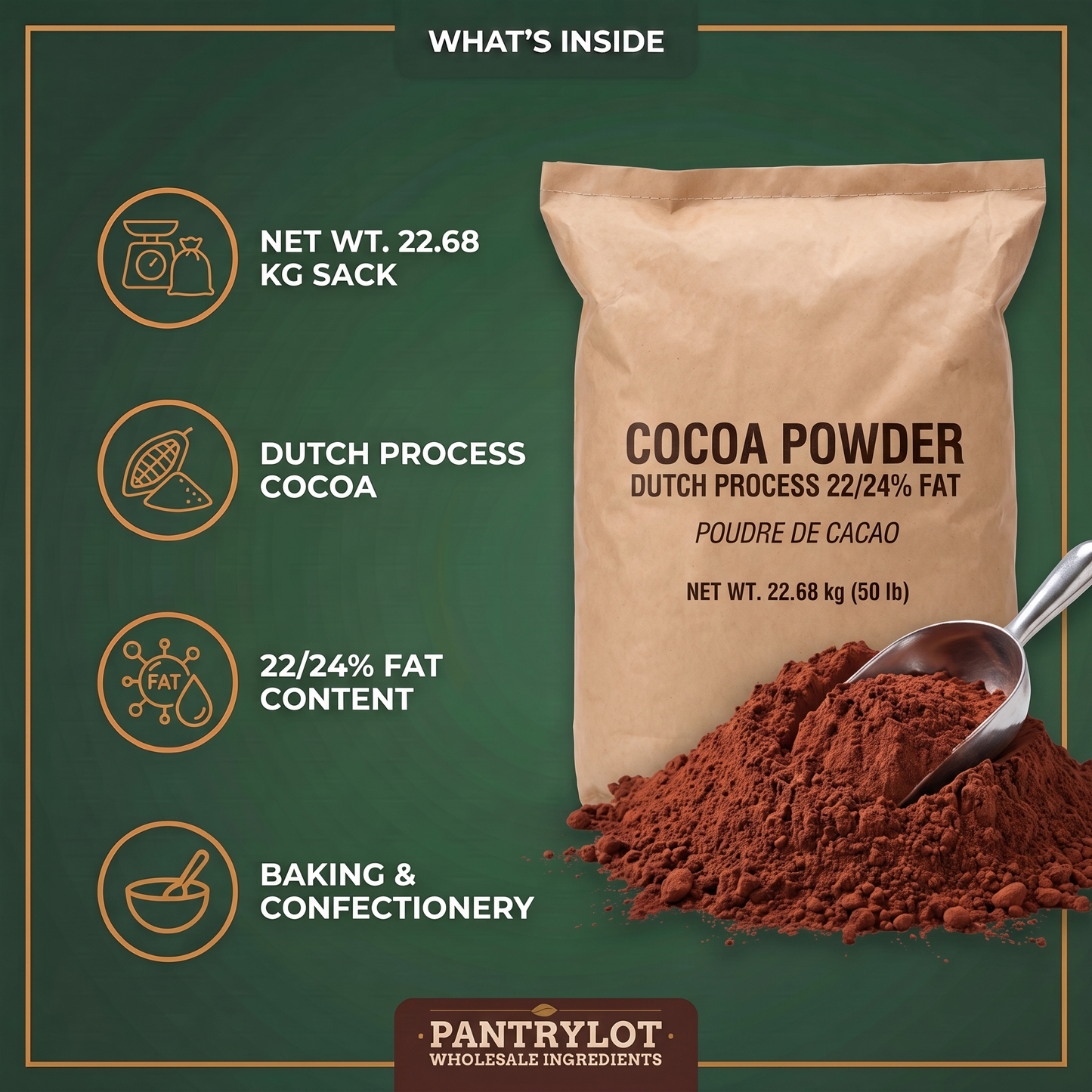 COCOA POWDER 22/24% - ROYAL DUTCH - 22.68kg — in-the-box features card