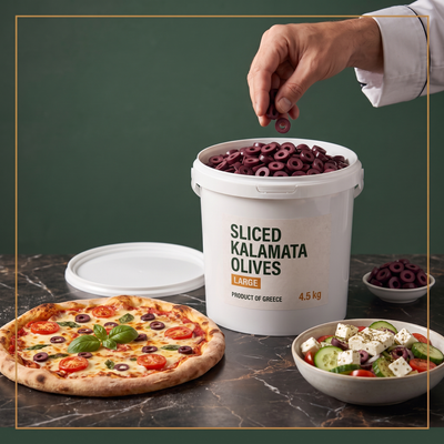 SLICED LARGE OLIVES KALAMATA 4.5 kg GREECE — lifestyle card