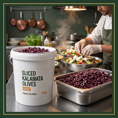 SLICED LARGE OLIVES KALAMATA - 10 kg GREECE — lifestyle card