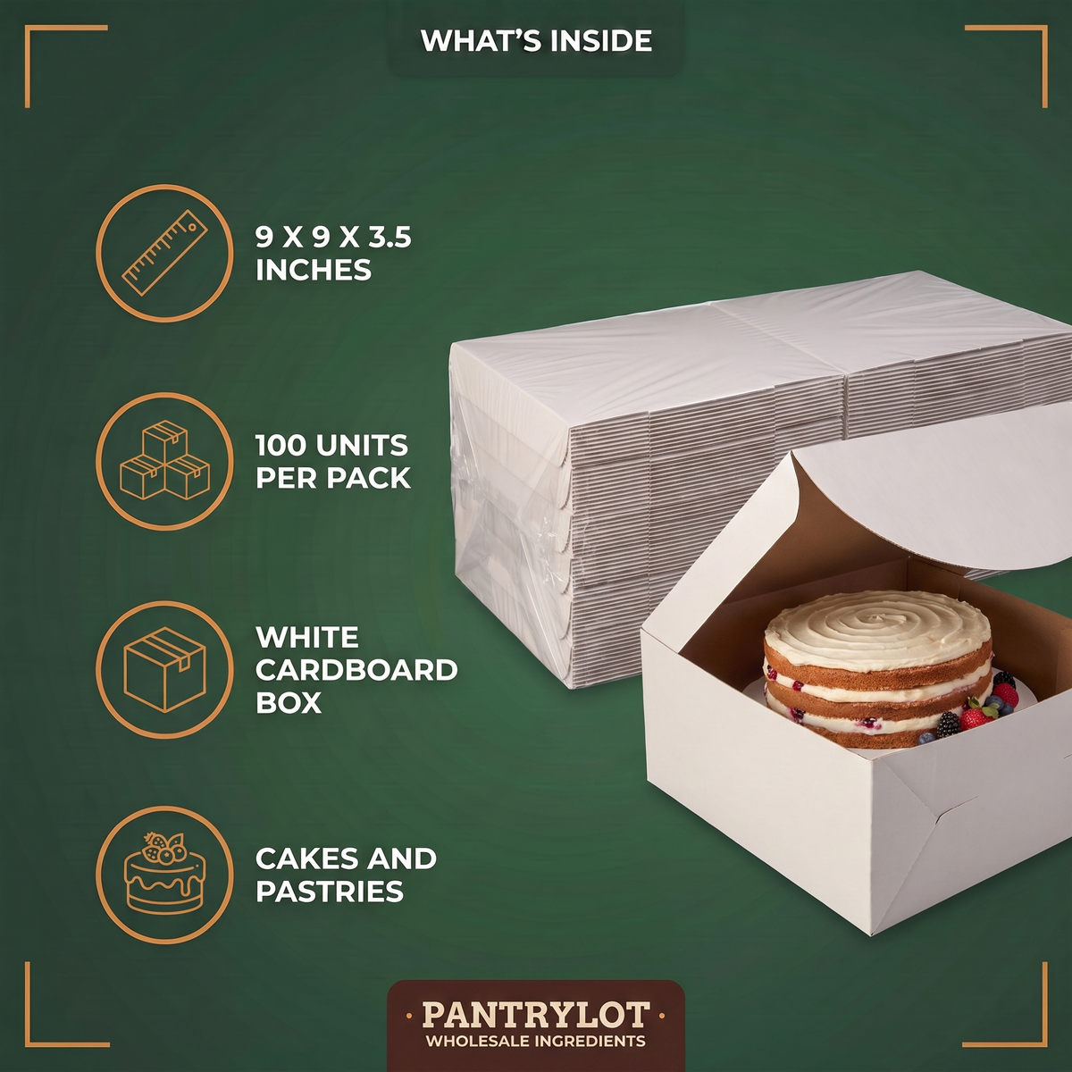CARDBOARD CAKE BOX 9 X 9 X 3.5 - 100 units — in-the-box features card