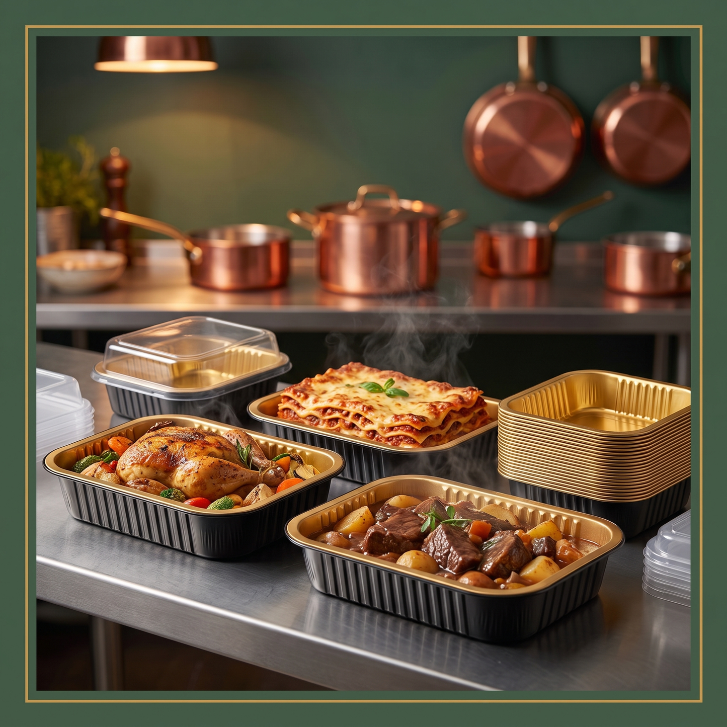 RECT ENTREE PANS GOLD / BLACK COMBO 25 units — lifestyle card