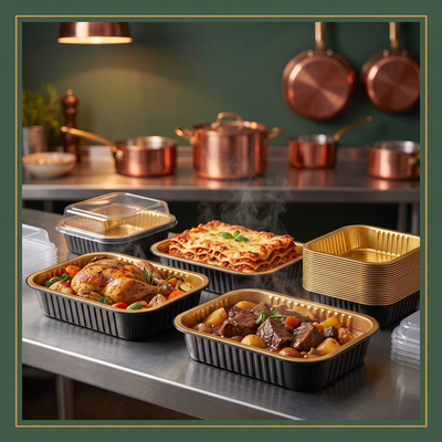 RECT ENTREE PANS GOLD / BLACK COMBO 25 units — lifestyle card
