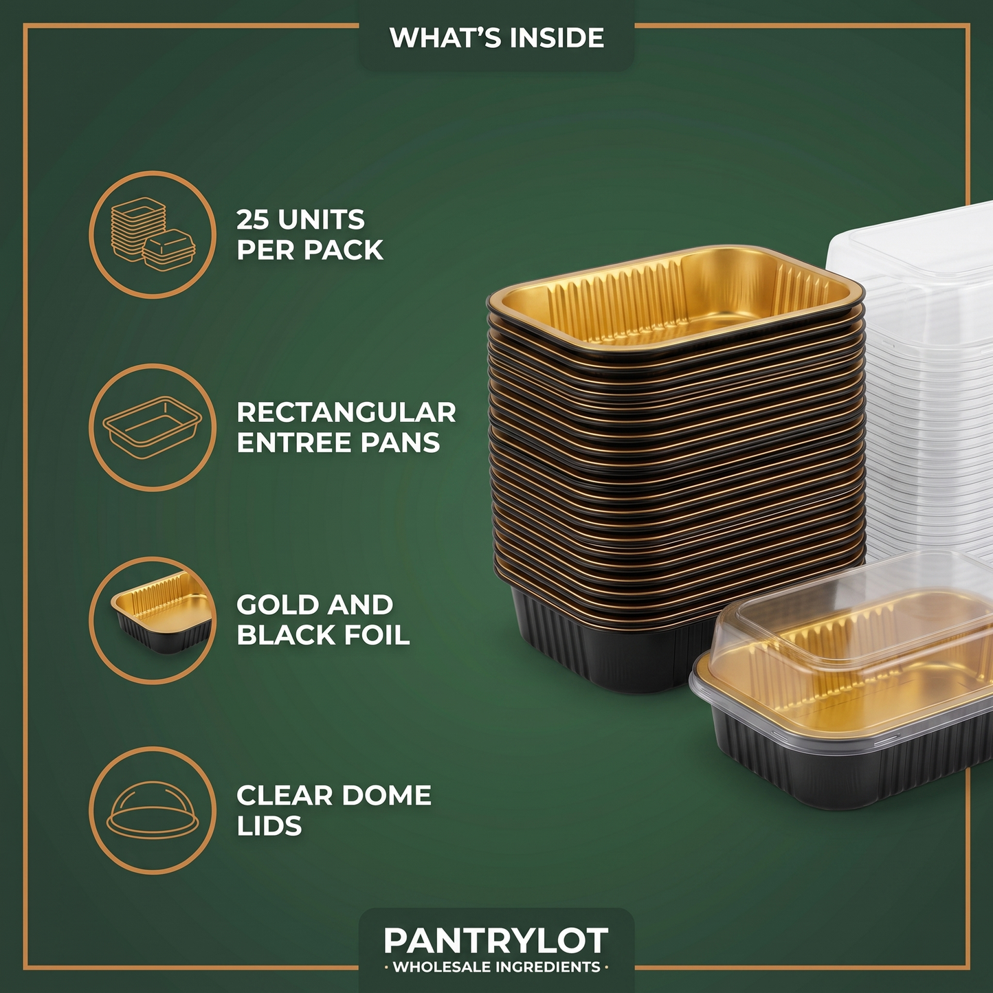RECT ENTREE PANS GOLD / BLACK COMBO 25 units — in-the-box features card