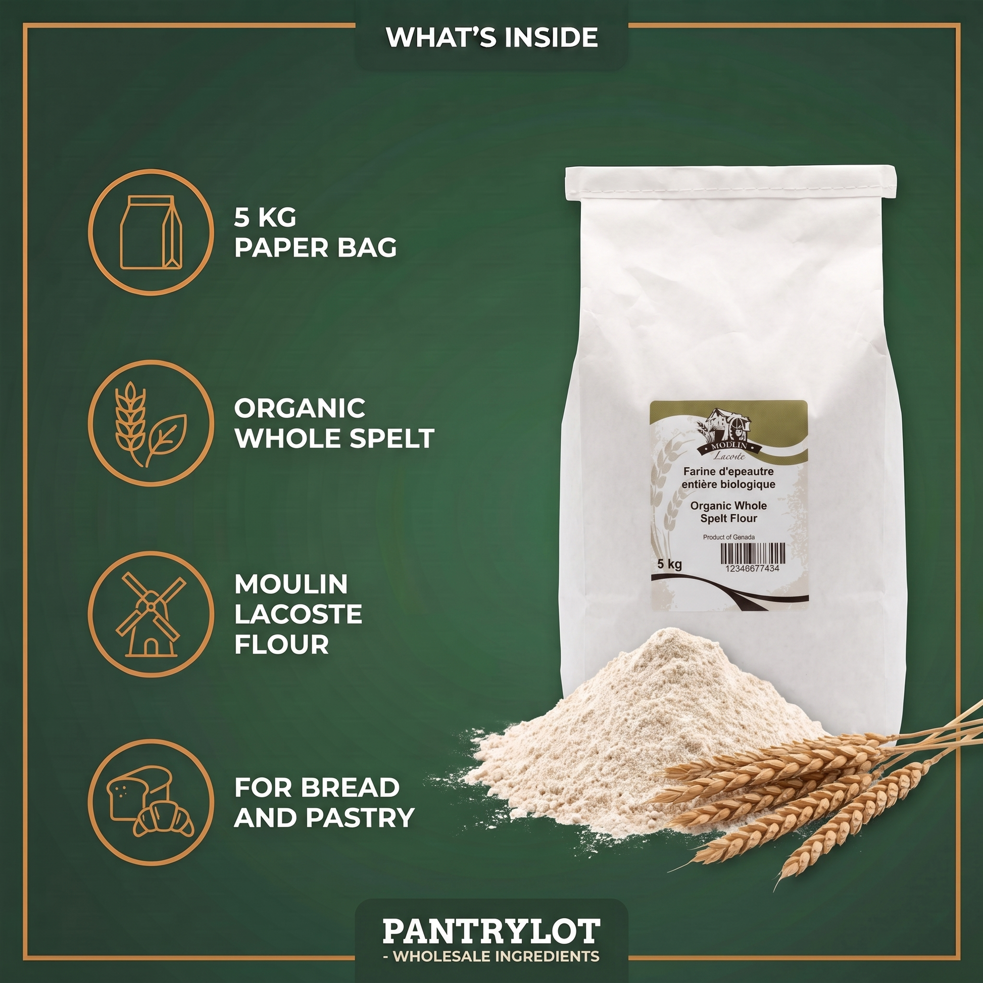 ORGANIC WHOLE SPELT FLOUR - MOULIN LACOSTE - 5kg — in-the-box features card