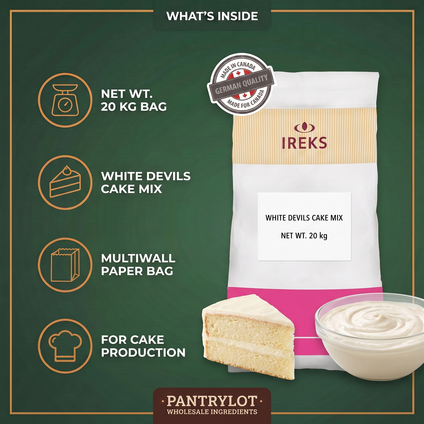 WHITE DEVILS CAKE MIX - IREKS 20 kg — in-the-box features card