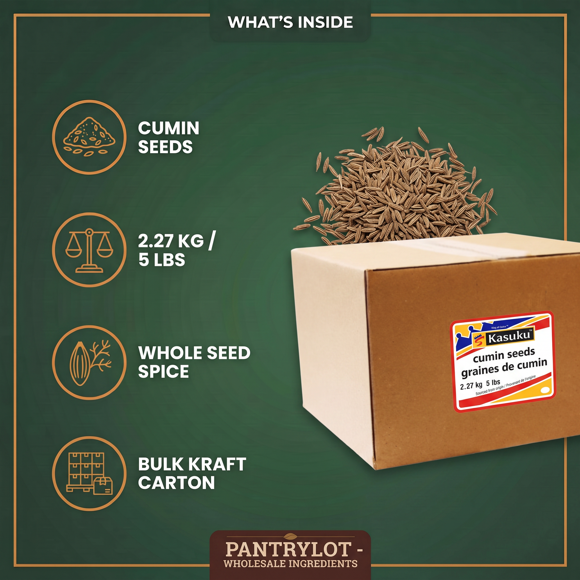 CUMIN SEEDS 2.27 kg — in-the-box features card