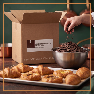SEMI-SWEET DARK CHOCOLATE FLAKES ULTIMATE - BARRY CALLEBAUT - 30lbs 13.608kg — lifestyle card
