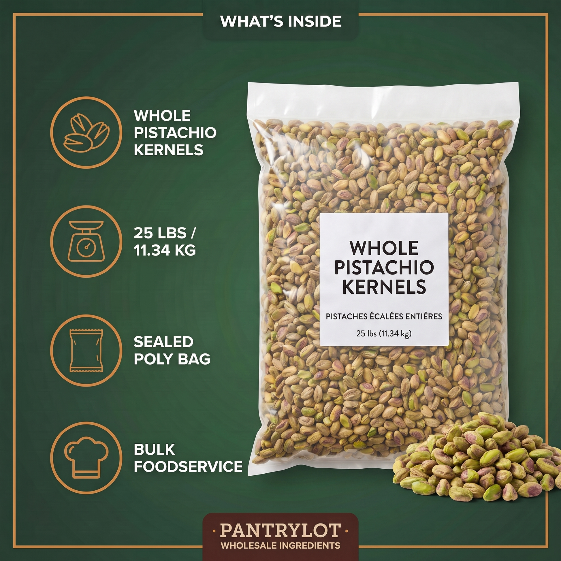 WHOLE USA PISTACHIOS KERNEL 25 lbs - 11.34 kg — in-the-box features card