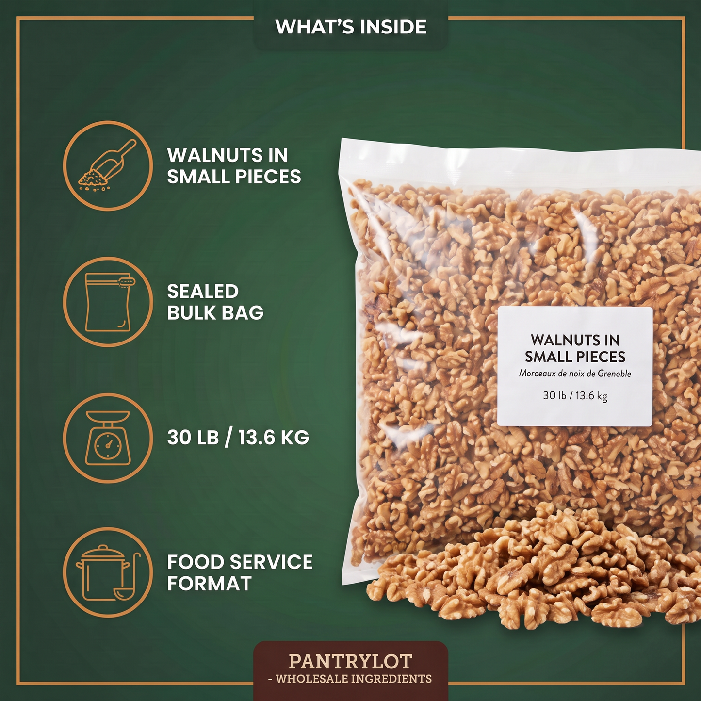 WALNUTS IN SMALL PIECES 30 lb — in-the-box features card